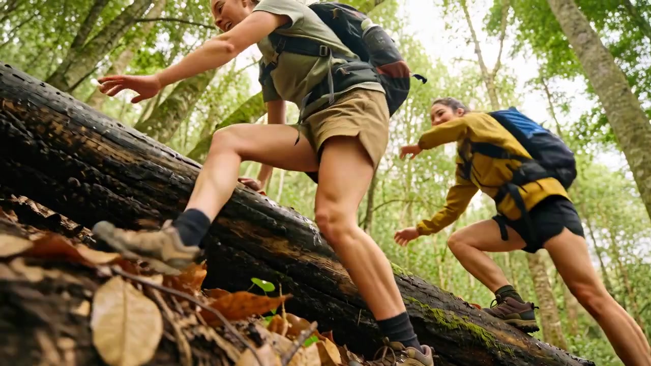 Reaching lead hiker climbing log on trail partner stepping in yellow jacket to continue with packs