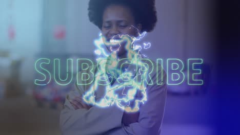 animation of subscribe text over african american woman in warehouse