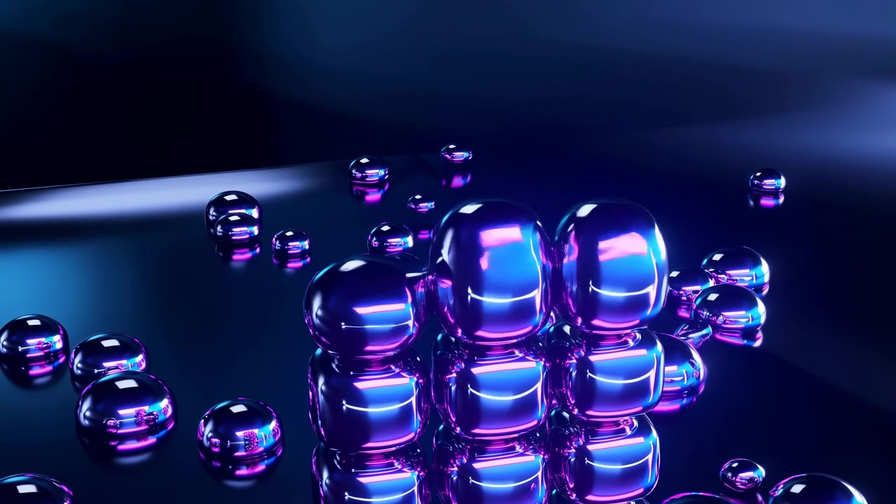 Shiny translucent spheres cluster in the lower right while smaller orbs float across a dark blue scene with neon purple and cyan reflections, creating a