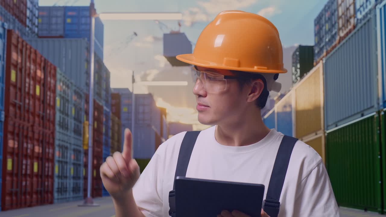 close up de un trabajador asiático que usa gafas de protección y casco de seguridad usando una tableta y apuntando hacia un lado mientras está de pie en un almacén de contenedores