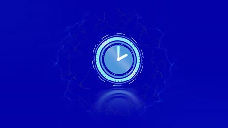 Animation-of-moving-clock-over-shapes-on-blue-background