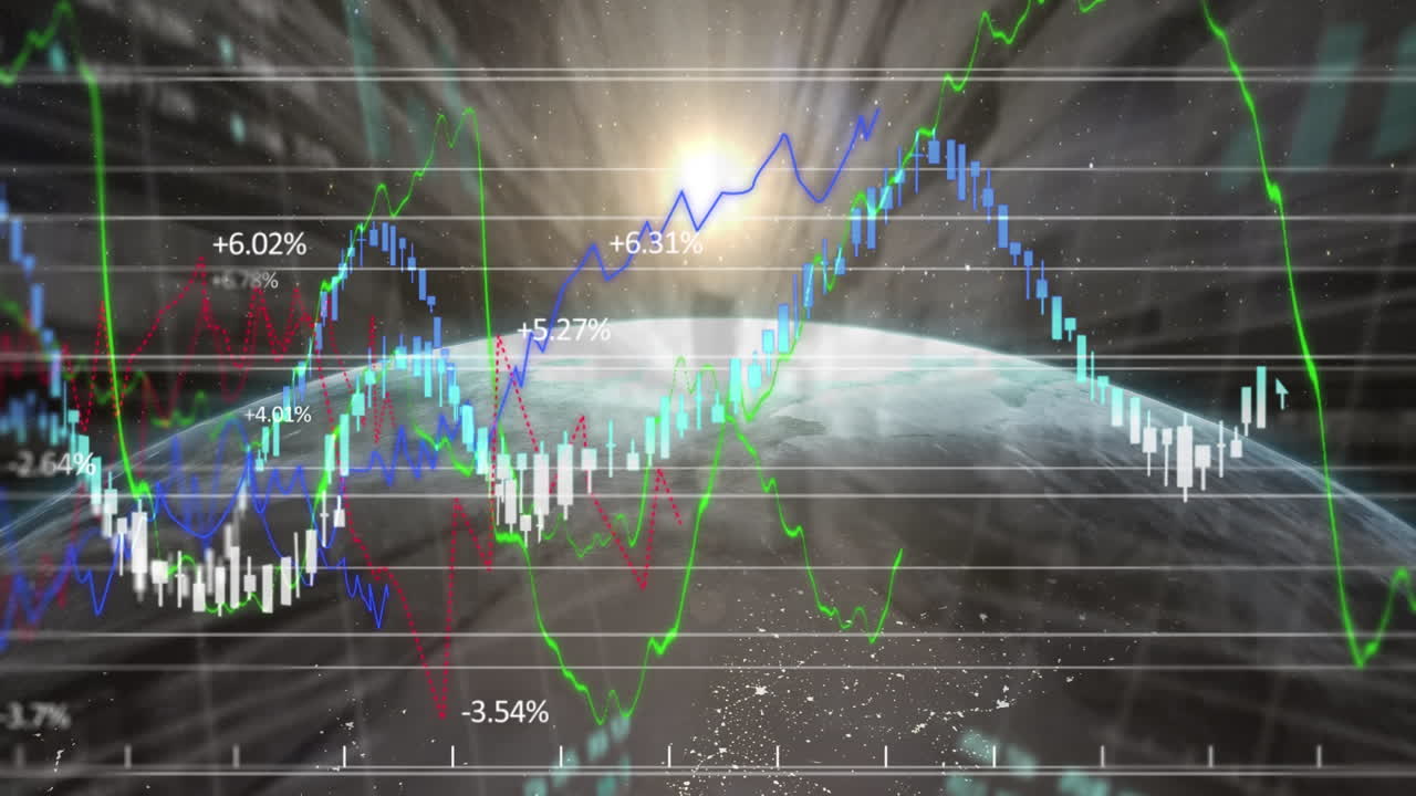 금융 데이터 처리의 애니메이션, 창고 위에서 회전하는 지구