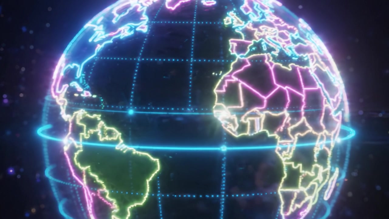 A Stunning Visual Representation of Our Planet: A Colorful and Dynamic Earth Model, Showcasing Diverse Continents and Oceans in Radiant Neon Colors