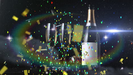 animation of champagne flutes and bottle with confetti against illuminated lights