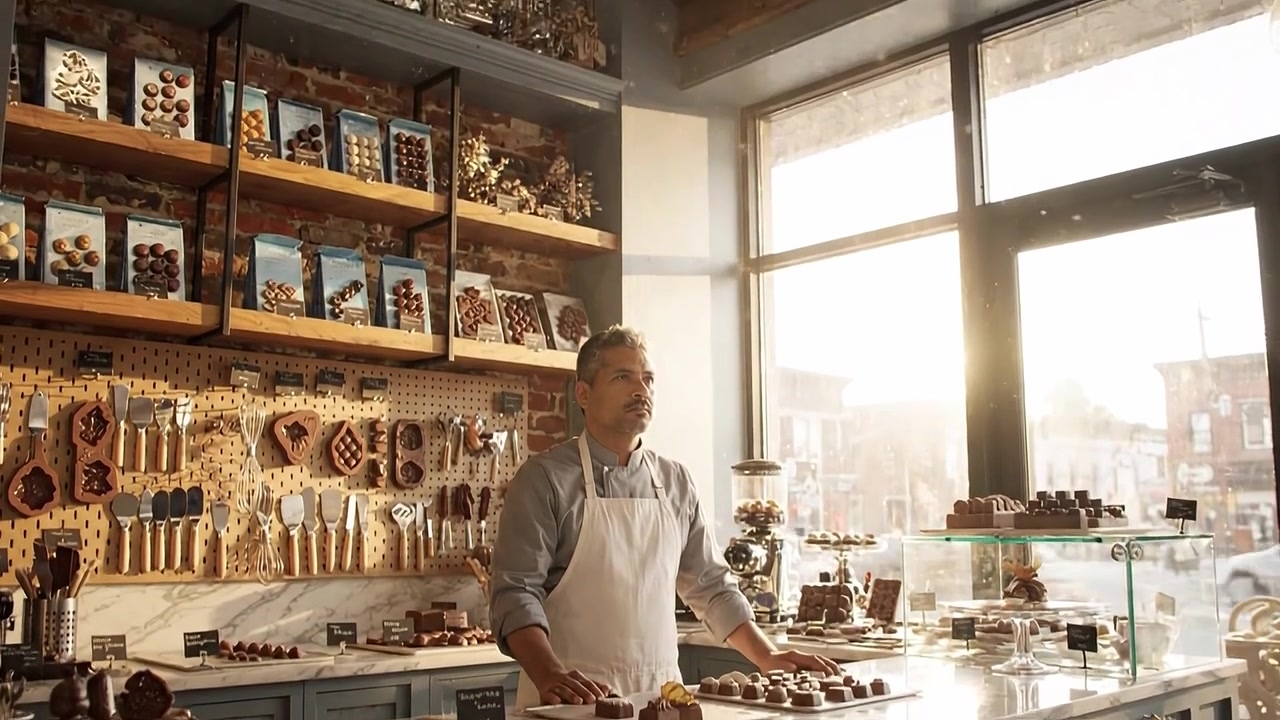 Cioccolatiere Artigianale in un Negozio Luminoso che Espone Squisite Creazioni di Cioccolato Sotto una Calda Luce Naturale, Invitando i Clienti a Concedersi Dolci Delizie.