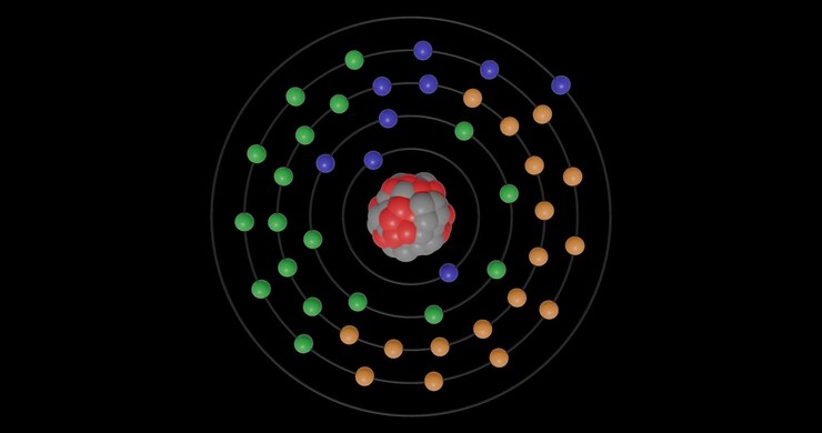 Animazione 3D di un atomo di rutenio su sfondo trasparente che mostra gusci, sottogusci, orbite elettroniche e nucleo con protoni e neutroni, illustrando la struttura atomica e i livelli energetici