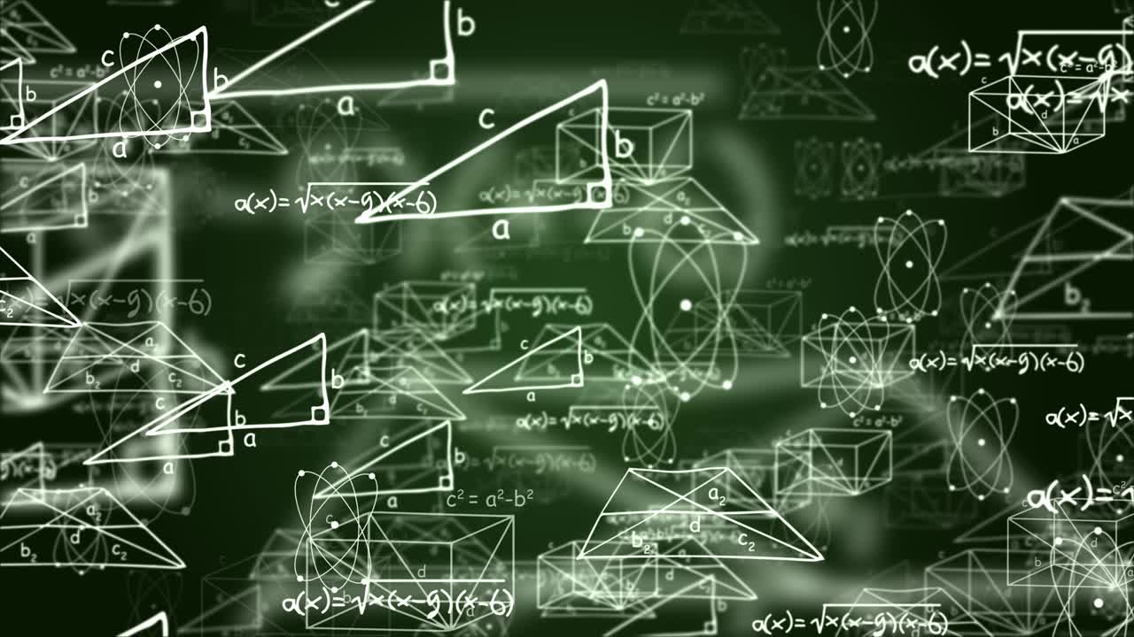 animación en bucle de 4k de fórmulas matemáticas blancas y dibujos geométricos en la pizarra.