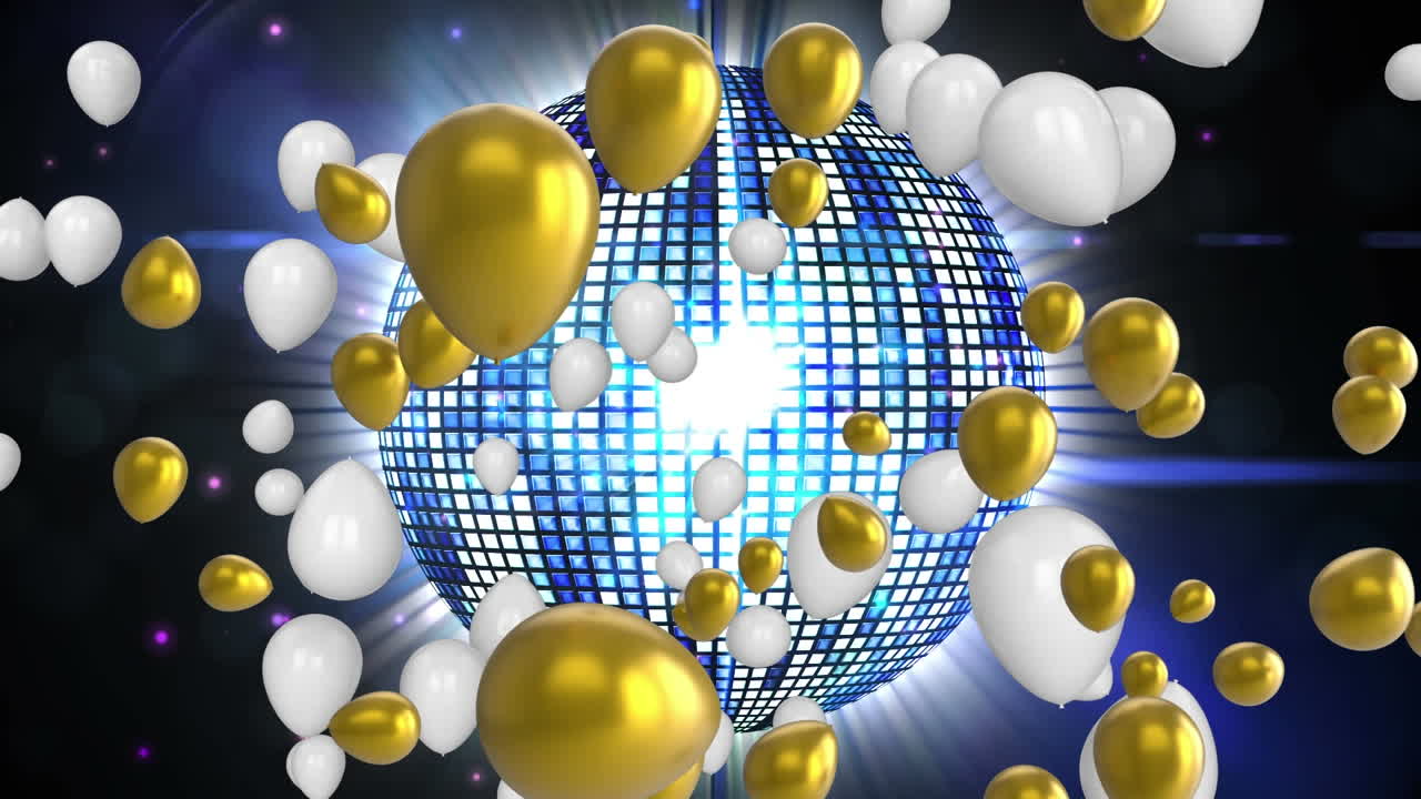 animación de globos flotando sobre una bola de espejo giratoria