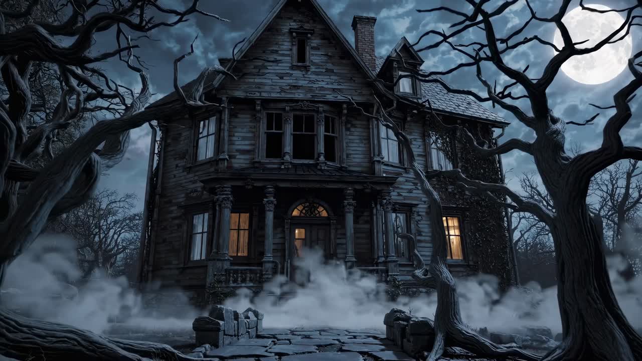 Eerie haunted house scene with a low-angle view, surrounded by twisted trees under a full moon