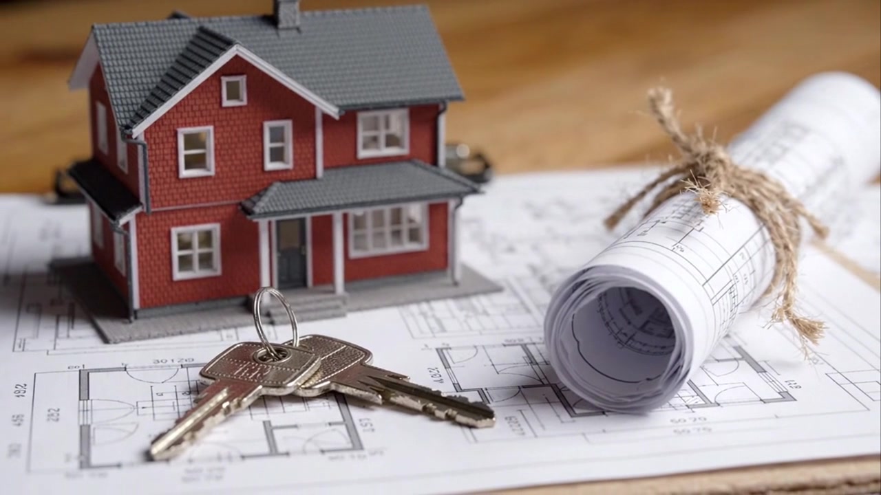Modellino di casa in miniatura con chiavi e planimetrie.