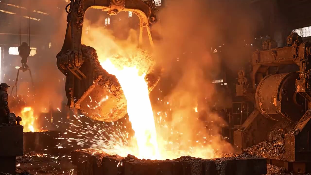 Molten Metal Pouring in a Steel Mill: Captivating Scenes of Industrial Processes and the Power of Metalworking in Action