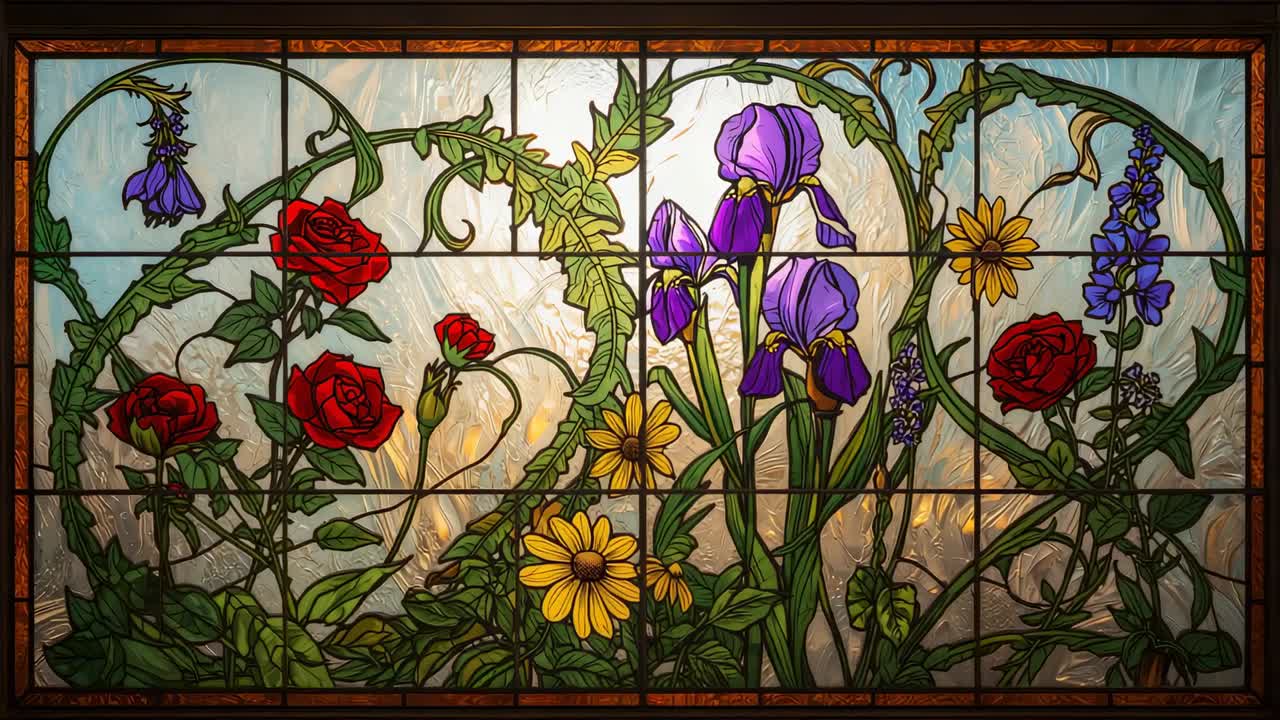 Filtering sunlight through stained glass window at church revealing yellow daisies and purple iris
