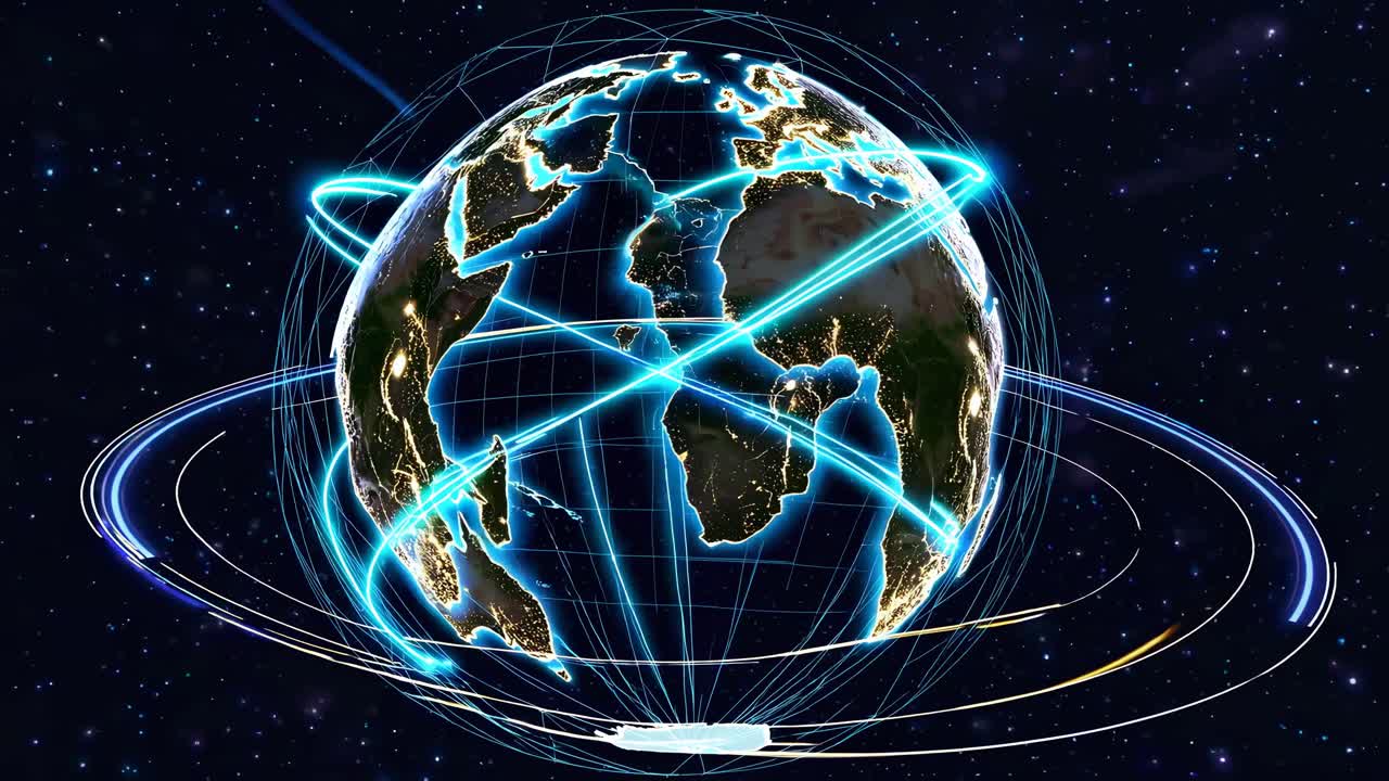 Aerial view video of Earth with glowing lines orbiting, showcasing a futuristic digital network