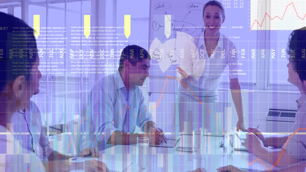 procesamiento de datos financieros y estadísticos contra gente de negocios discutiendo juntos en la oficina