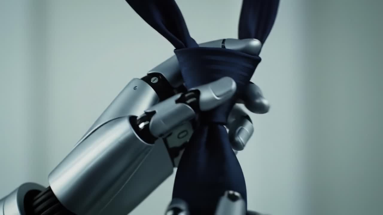 A robotic hand skillfully ties a necktie, showcasing advanced engineering and precision in movement. This captivating demonstration highlights the capabilities of robotics in everyday tasks.