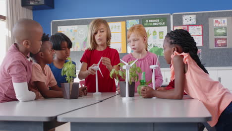 in school, children discussing wind turbines and plants in classroom project