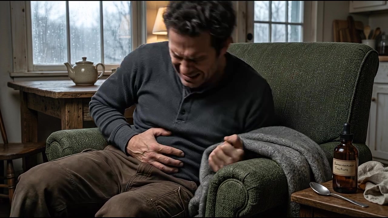 Adult male suffering chronic back pain while resting on couch during painful recovery period indoors