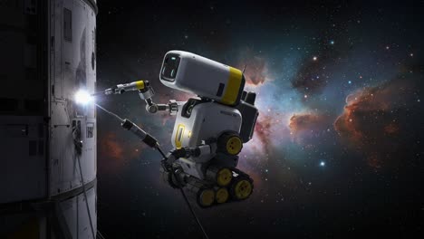 a futuristic robot conducting repairs in deep space amidst colorful cosmic nebula, exploring the frontiers of technology and advancements in robotics
