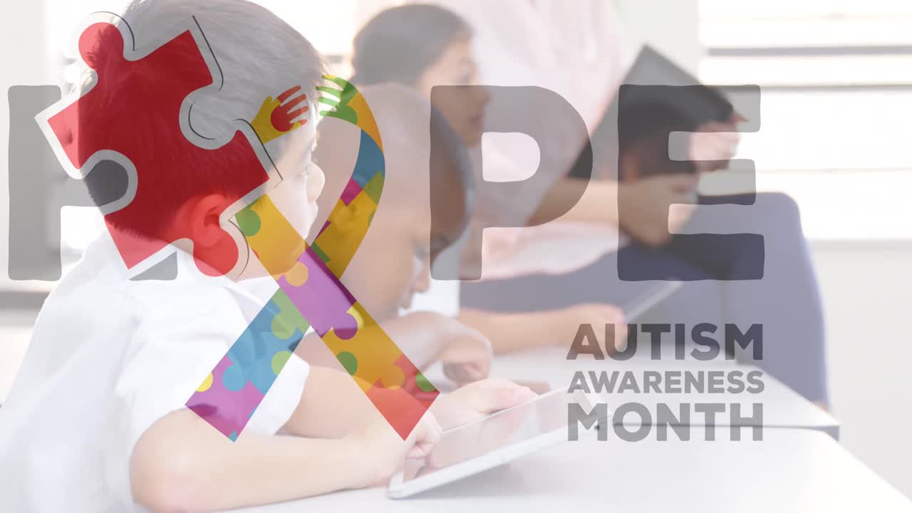 다채로운 퍼즐, 리본 및 희망의 애니메이션을 다양한 아이들과 태블릿으로