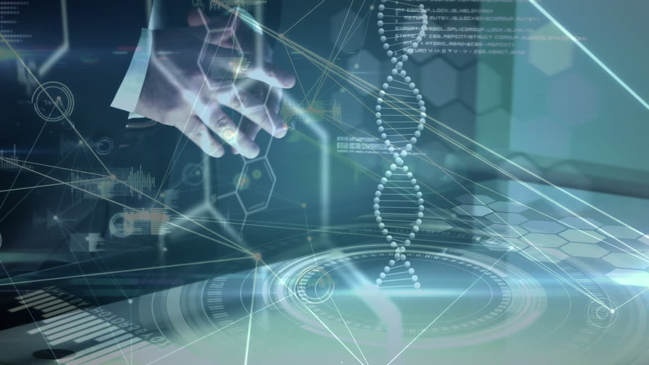 dna, 통신 네트워크 및 데이터 처리에 대한 인터페이스를 사용하여 사람의 애니메이션