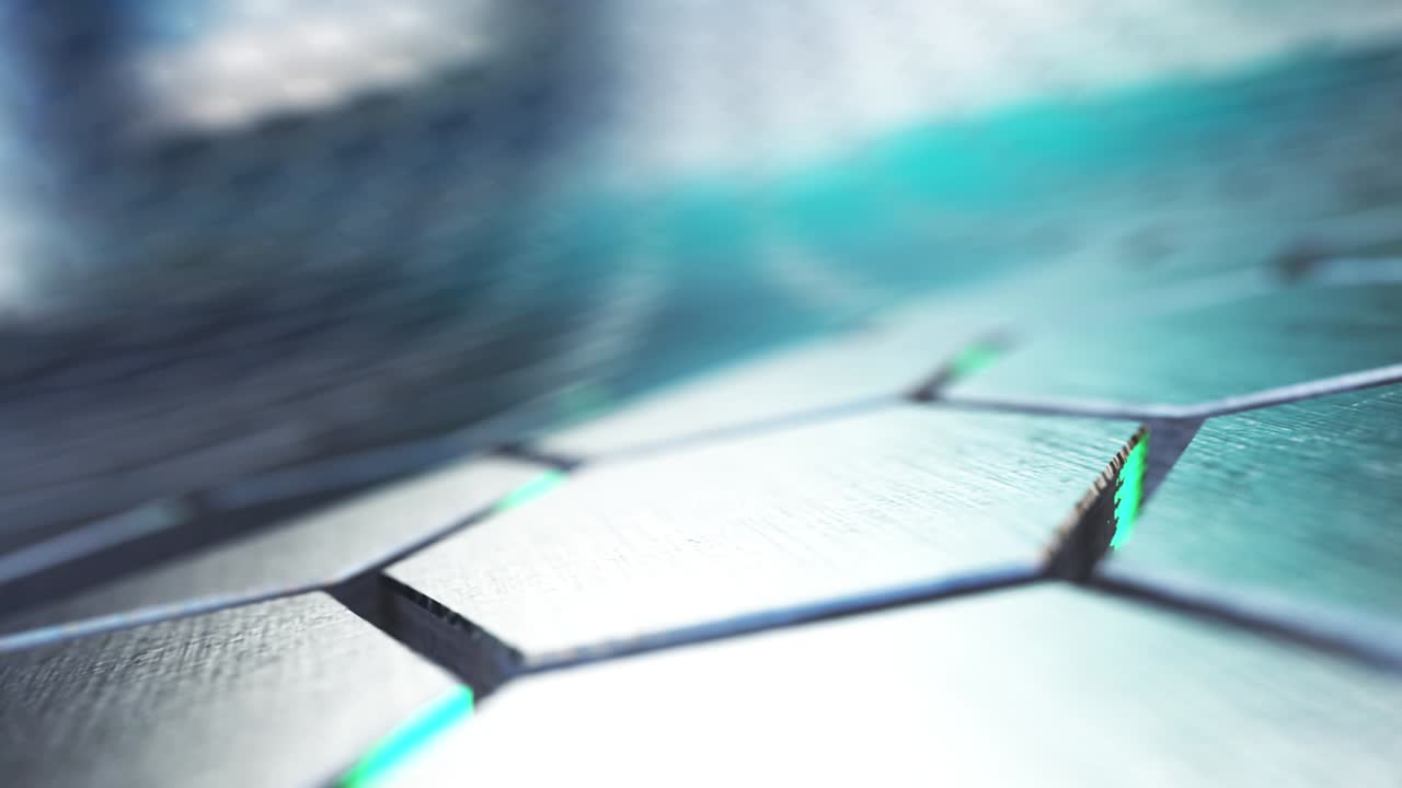 movimiento lento en superficies hexagonales con luz de fondo y superficie metálica cepillada fondo abstracto cinematográfico