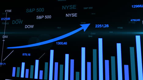 stock market data. financial graphs with blue raising arrow