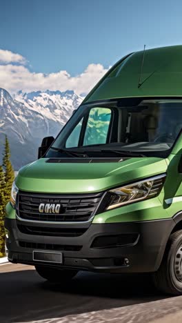 green delivery van parked on a scenic road with mountains in the background