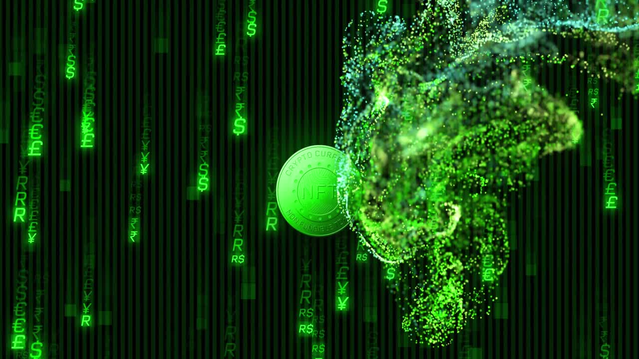 animación del texto nft en una moneda de oro sobre un fondo oscuro