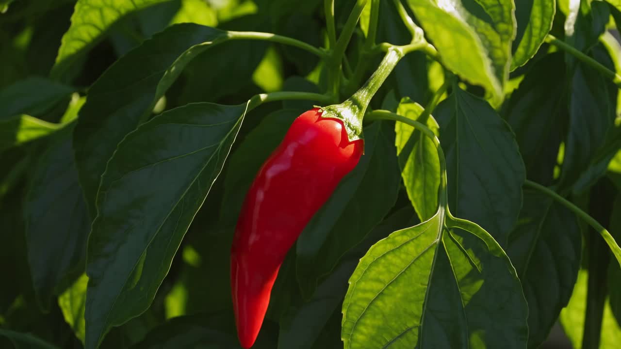 Close-up video shot of a vibrant red pepper hanging on a plant, captured from a side angle