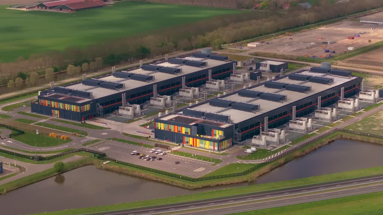 Data hub with server buildings by highway in open landscape