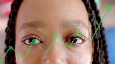 animación de diagrama sobre mujer de negocios biracial abriendo los ojos en la oficina