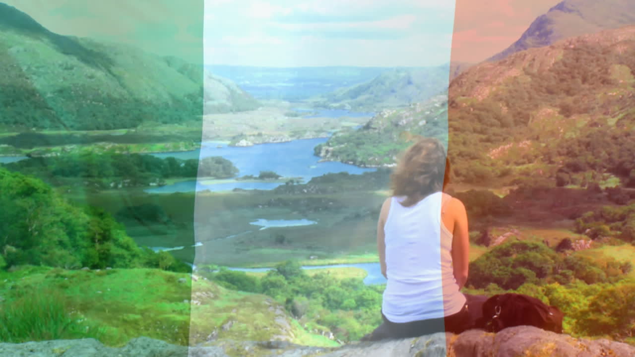 산 꼭대기에 앉아있는 여성의 디지털 복합