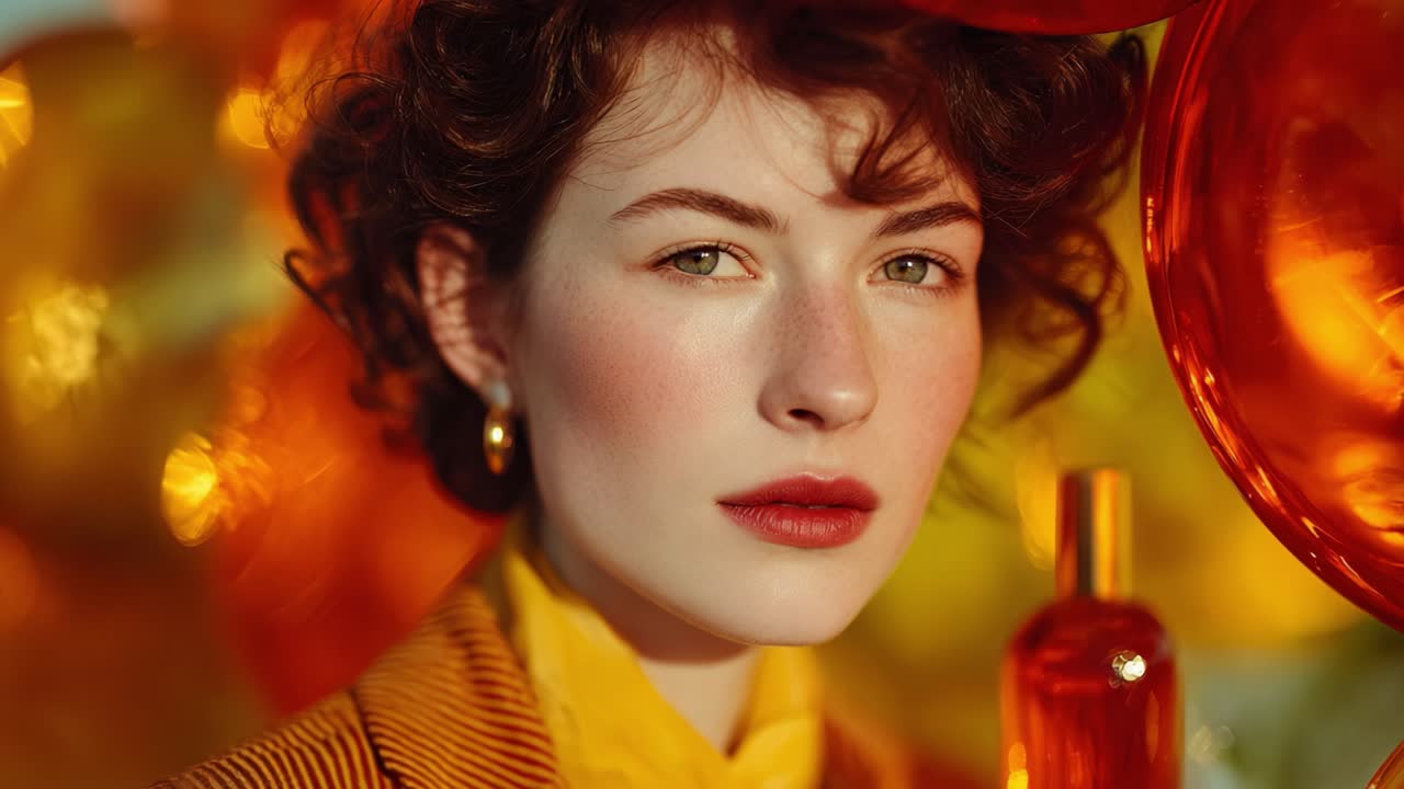 Ritratto accattivante di una donna circondata da arance vivaci e un flacone di profumo, che mette in risalto eleganza e stile in un ambiente colorato