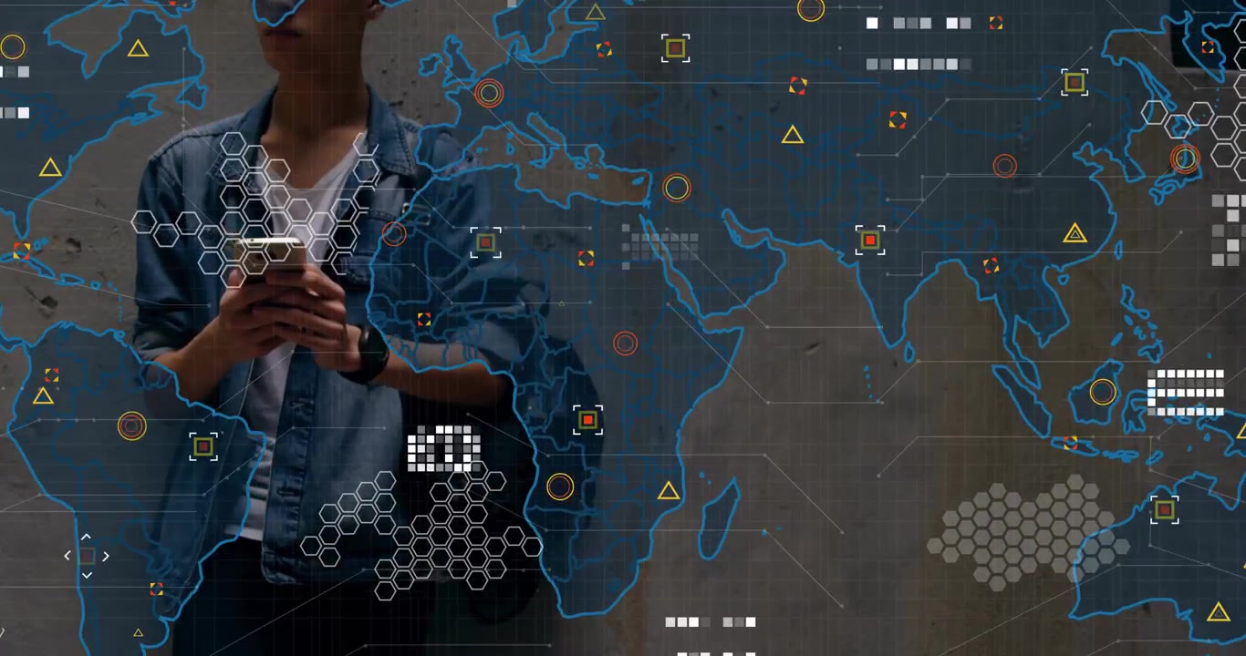 Person tapping phone, activating animated world map with HUD hexgrid alerts tracing cyberattacks