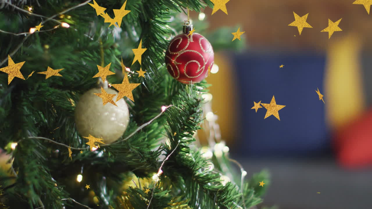 Christmas tree decorated with red and gold ornaments, animation of golden stars