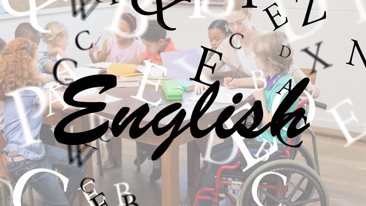 texto en inglés y múltiples alfabetos flotando contra un grupo de estudiantes que estudian en clase en la escuela