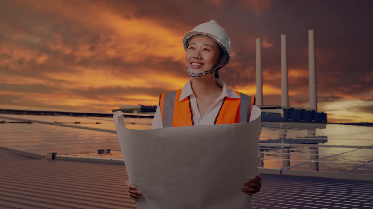 Front View of Asian Female Engineer Looking At Blueprint In His Hands While Walking and Inspecting Solar Panels on Rooftop at Sunset