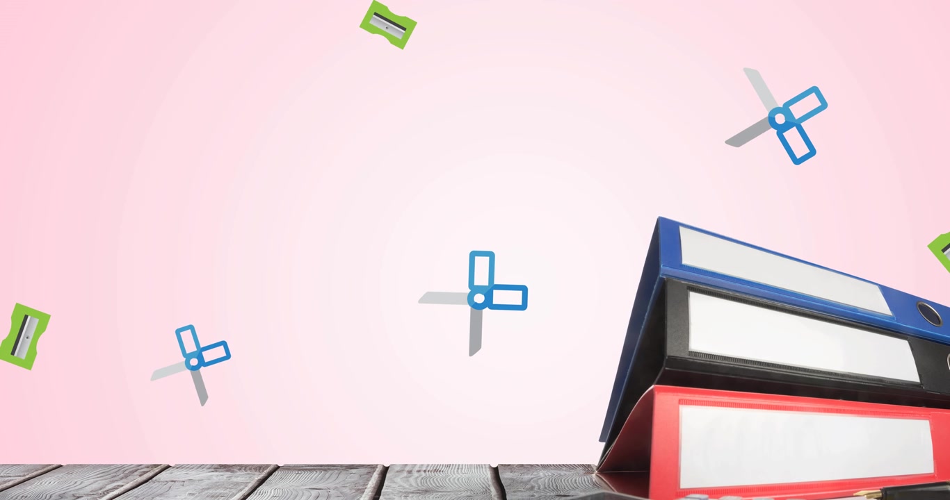 Animation of office files and office items over wooden surface on pink background