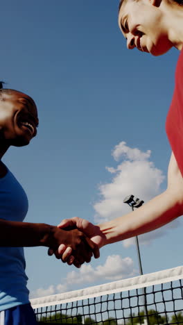 two women shaking hands and smiling on a tennis court