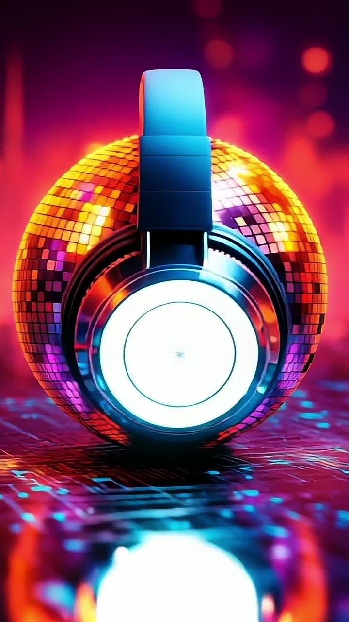 Colorful disco headphones shine at night. Vibrant disco headphones glow against a digital backdrop filled with colorful light patterns during the night.