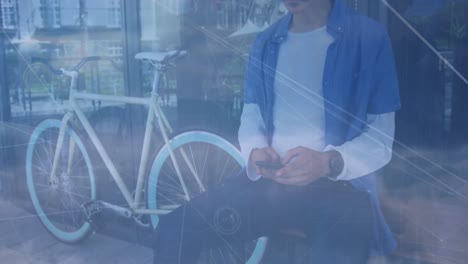 animation of network of connections and sky with clouds over african american using smartphone
