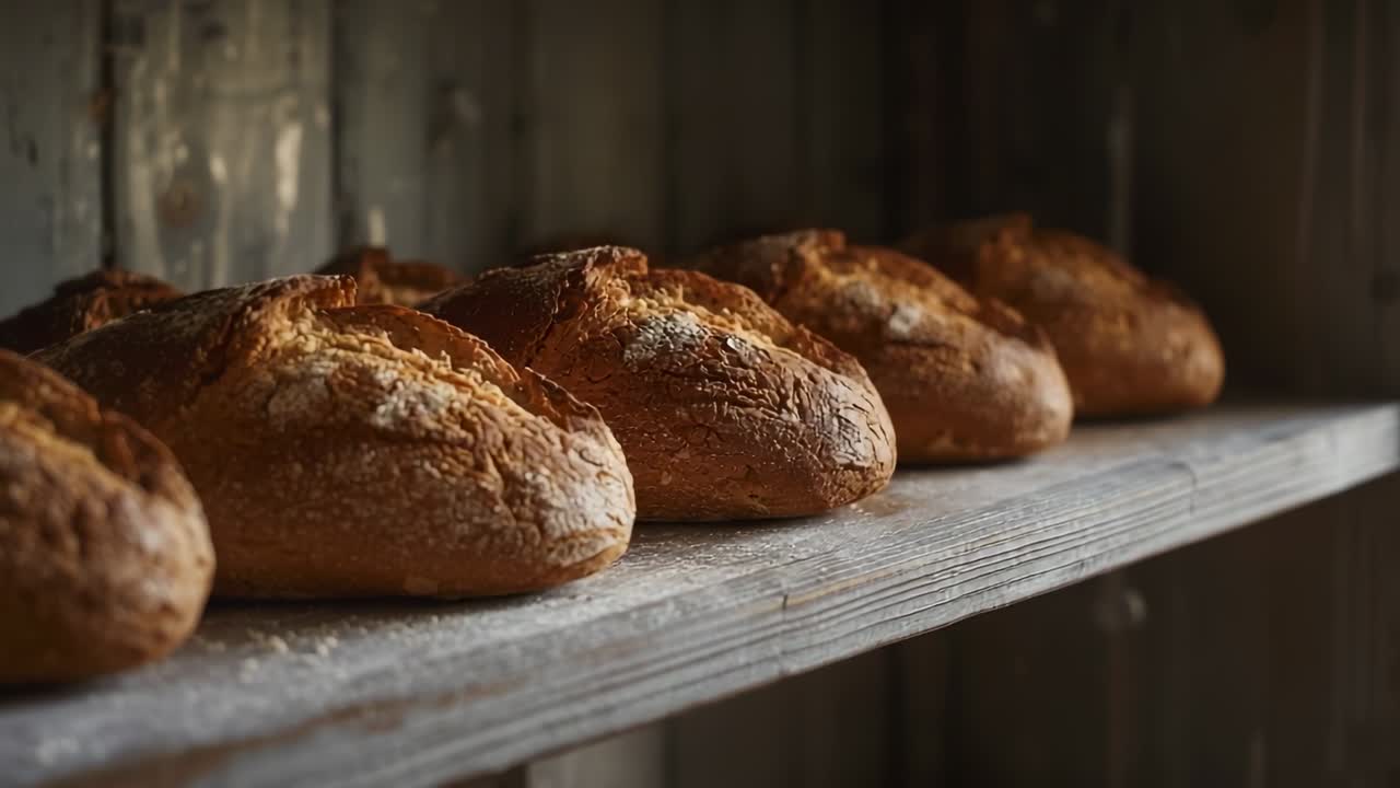 Following shot camera gliding right revealing flour-dusted loaves on bakery shelf showing texture
