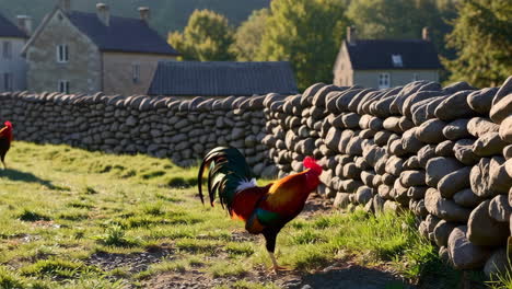 colorful rooster by a stone wall in a rural setting