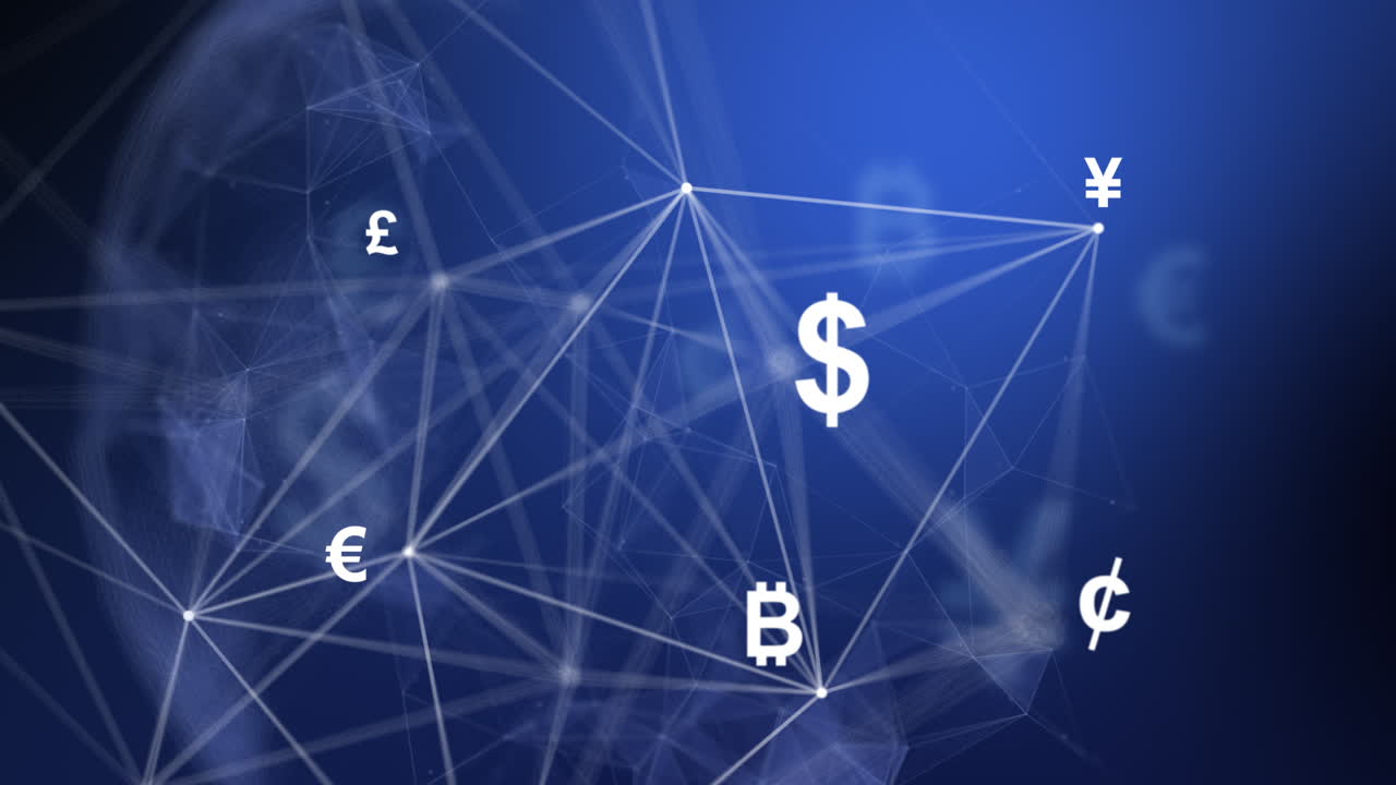 3D animation of lines and dots with dollar, euro and bitcoin money symbols. Currency operations. Abstract blue background with plexus lines