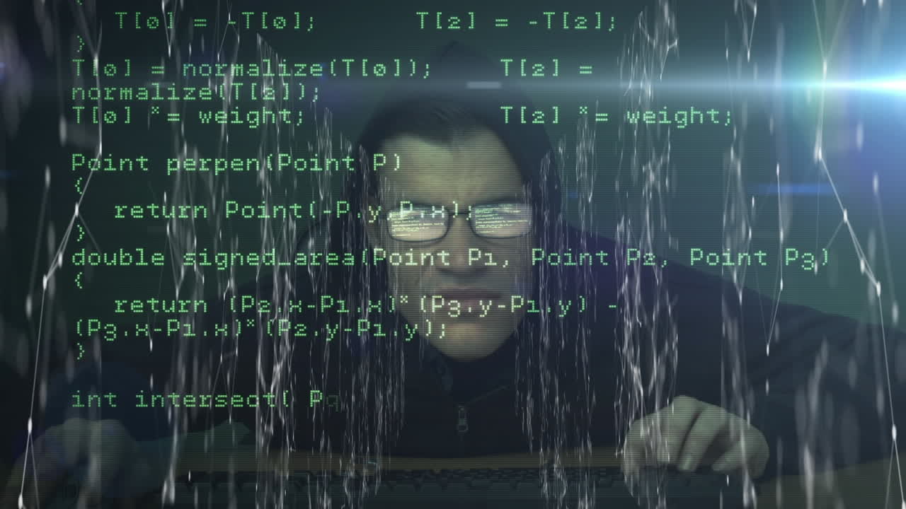 백색 웹 연결과 함께 컴퓨터 데이터 롤링의 애니메이션 남성 해커
