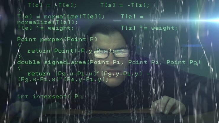 Animation von Computerdaten, die sich mit weißer Netzverbindung über einem männlichen Hacker bewegen.