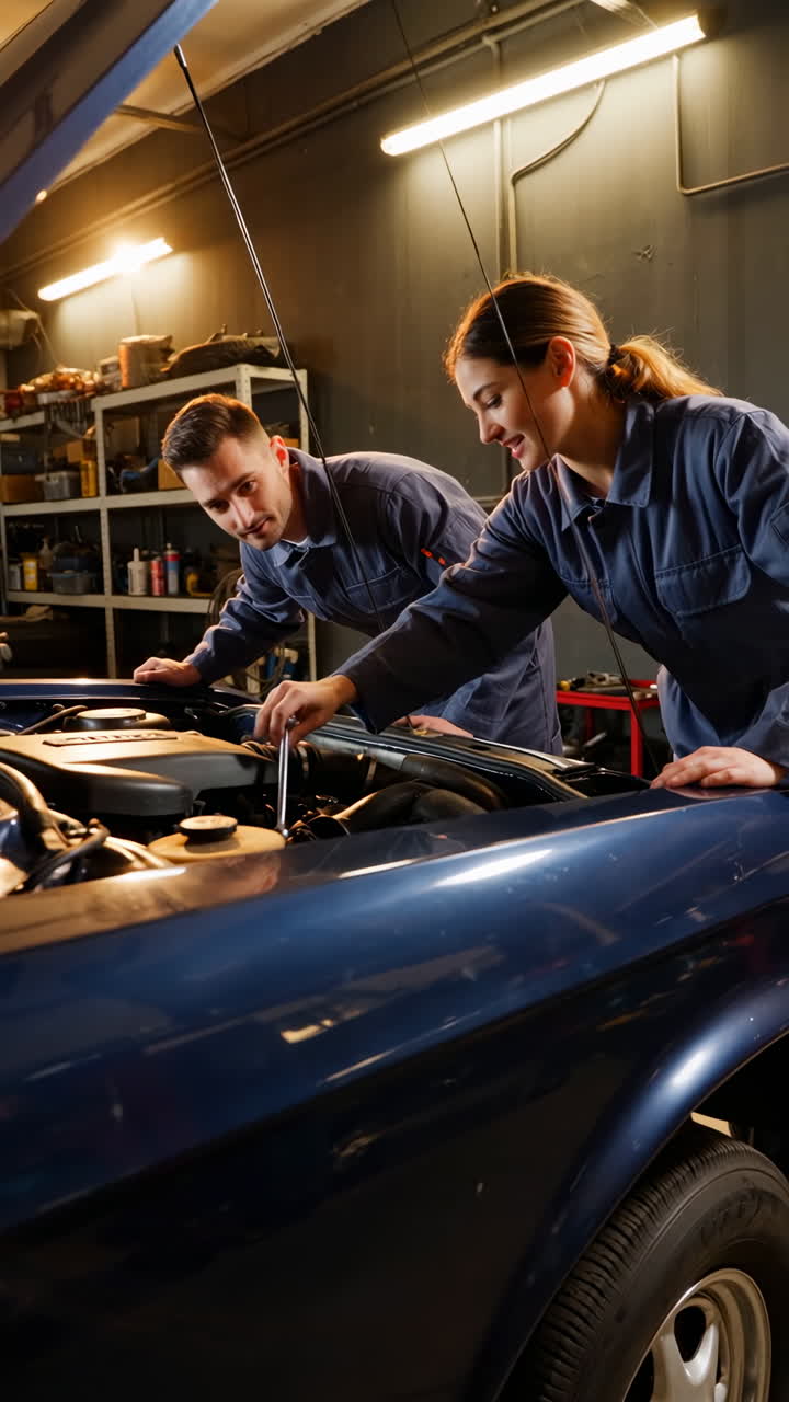 Two mechanics working together to repair a car engine in a garage