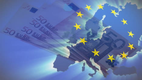 animation of flag of european union and map of europe over euro currency bills