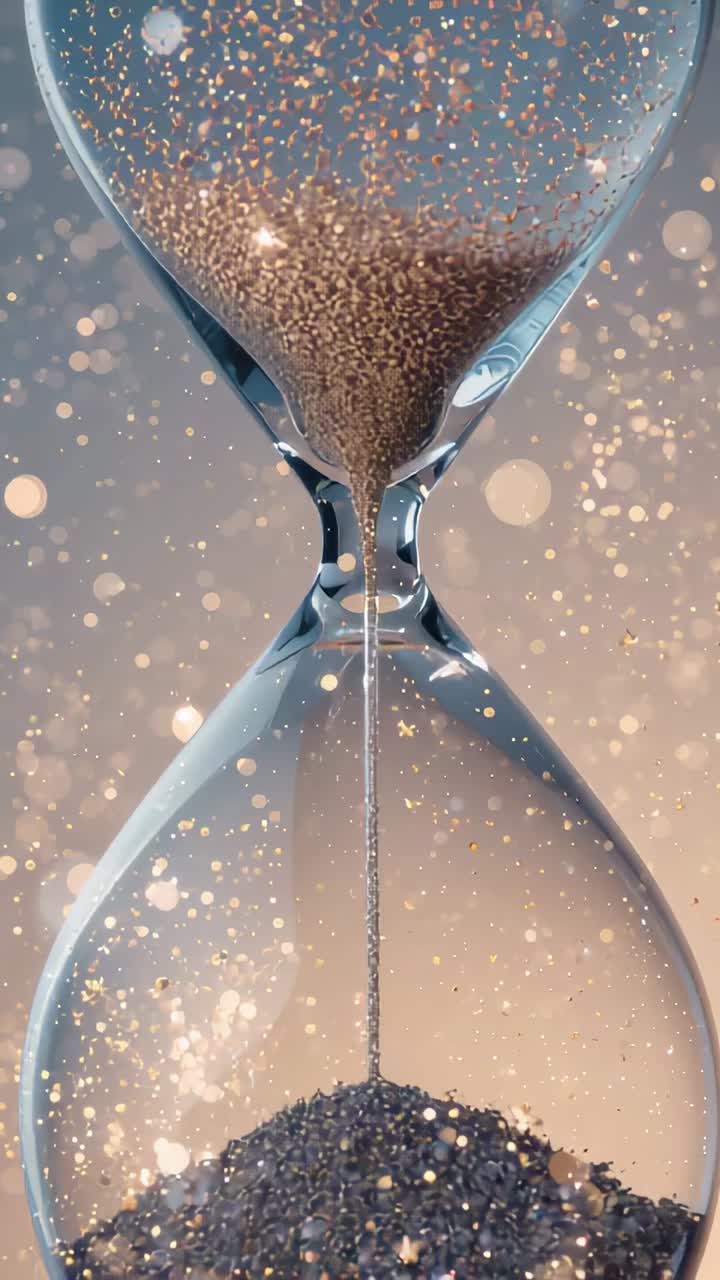 Vertical video: Flowing glass hourglass with gravity pulling golden sand through neck on warm bokeh