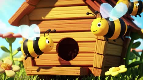 charming animated bees exploring their cozy wooden hive in a colorful floral garden under a bright sunny sky, highlighting the beauty of nature and pollination.